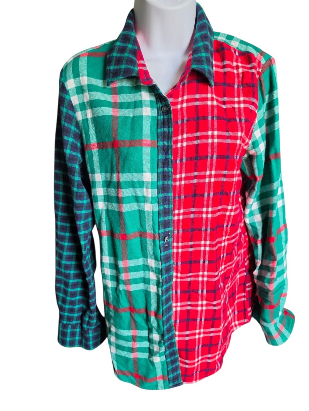 Lands' End Mixed Plaid Flannel Boyfriend Long Sleeve Shirt - M